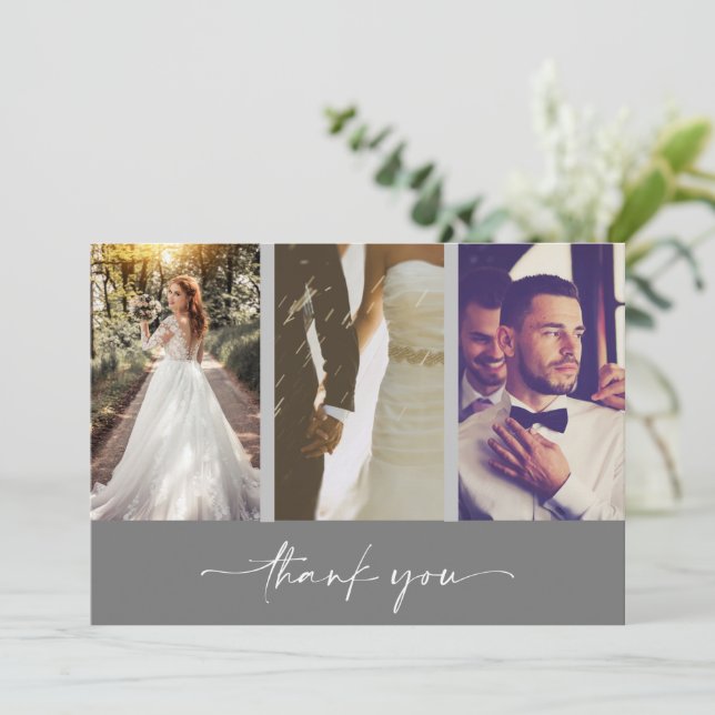 Modern Three Photo Gray Wedding Thank You (Standing Front)