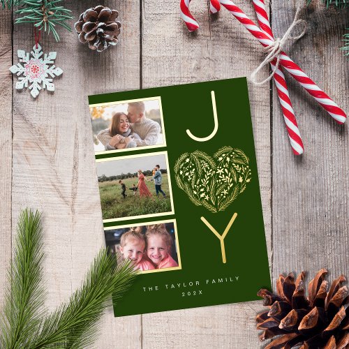 Modern Three Photo Gree Joy Joyful Christmas Heart Foil Holiday Card
