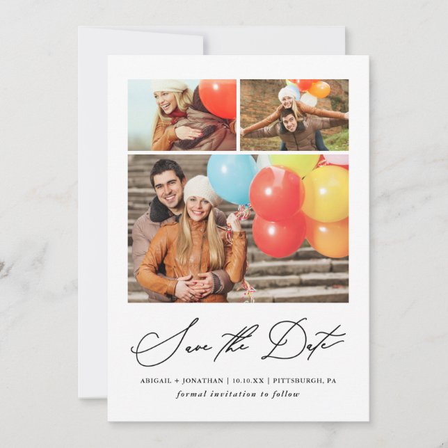 Modern Three Photo Hand Lettered Save The Date (Front)