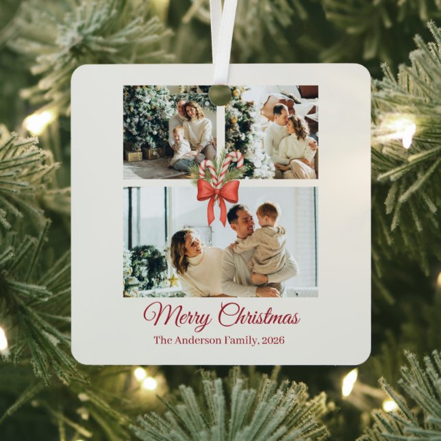 Modern Three-Photo Holiday Family Collage Metal Ornament (Insitu)
