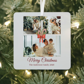 Modern Three-Photo Holiday Family Collage Metal Ornament