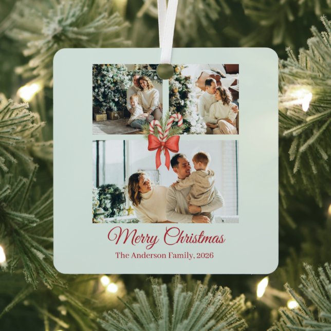 Modern Three-Photo Holiday Family Collage Metal Ornament (Insitu)