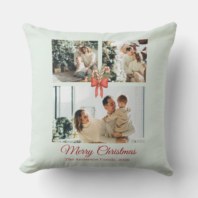 Modern Three-Photo Holiday Family Collage Throw Pillow (Front)