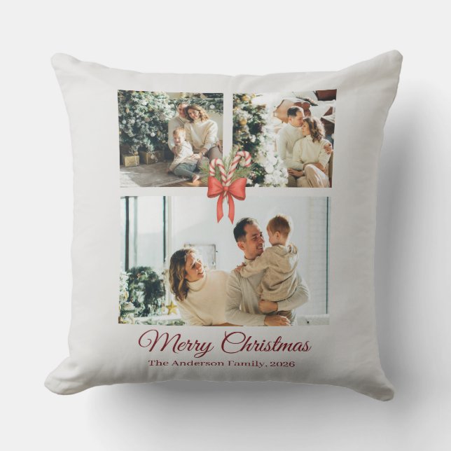 Modern Three-Photo Holiday Family Collage Throw Pillow (Front)