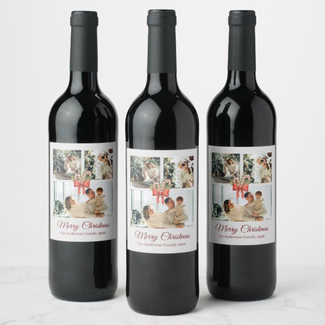 Modern Three-Photo Holiday Family Collage Wine Label (Bottles)