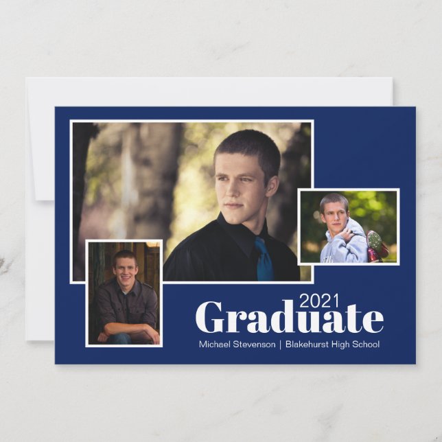 Modern Three Photo Navy Blue Graduation Party  Invitation (Front)