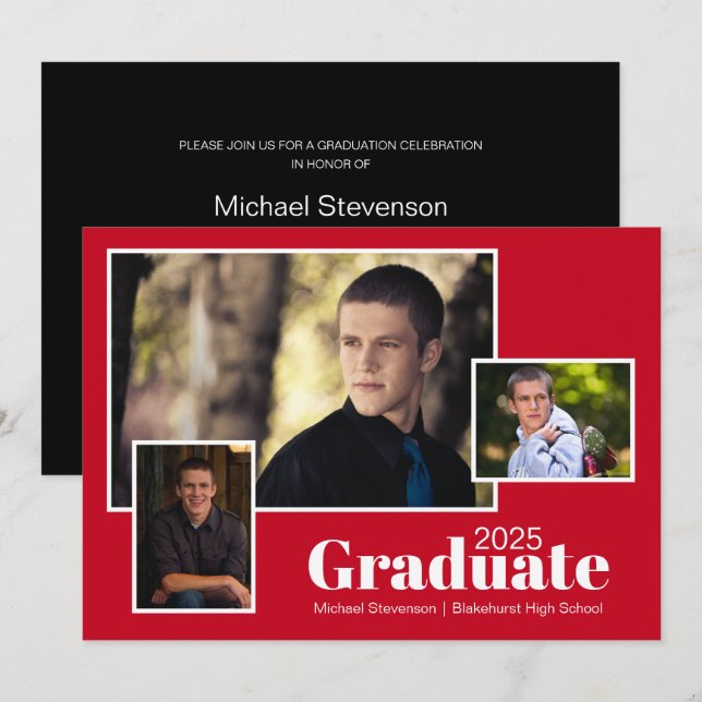 Modern Three Photo Red and Black Graduation Party  Invitation (Front/Back)
