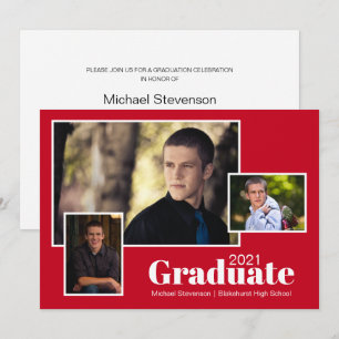 Modern Three Photo Red and White Graduation Party Invitation