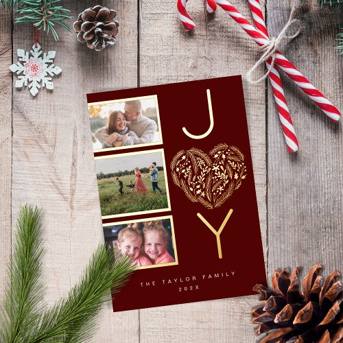 Modern Three Photo Red Joy Joyful Christmas Heart Foil Holiday Card