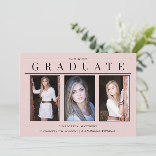 Modern Three Photo Watercolor Graduation  Announcement