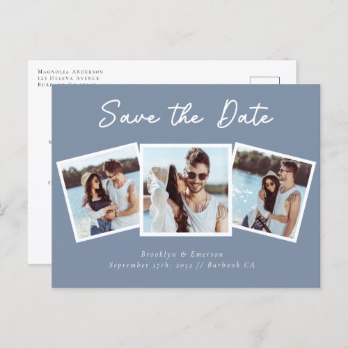Modern Three Photo Wedding Save The Date Postcard