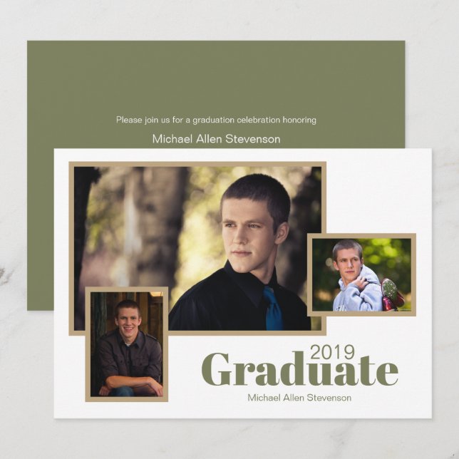 Modern Three Photo White Green Graduation Party Invitation (Front/Back)