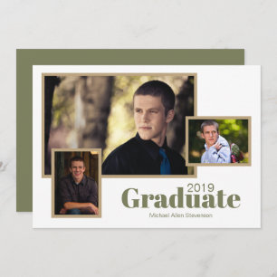Modern Three Photo White Green Graduation Party Invitation