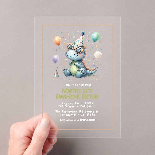 Modern Three-Rex Dinosaur Birthday Party Acrylic Invitations (Insitu (Handheld))