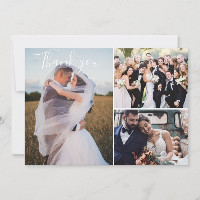 Modern Three Wedding Day Photo Thank You Card (Front)