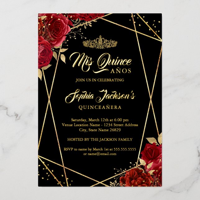 Modern Tiara Floral Gold Red Quinceanera Foil Invitation (Front)