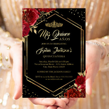 Modern Tiara Floral Red Gold Quinceanera Foil Invi Foil Invitation by LittleBayleigh at Zazzle