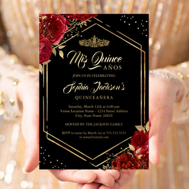 Modern Tiara Floral Red Gold Quinceanera Foil Invi Invitation (Creator Uploaded)