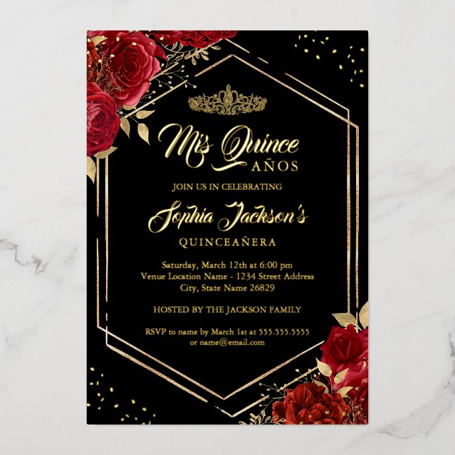 Modern Tiara Floral Red Gold Quinceanera Foil Invitation (Front)