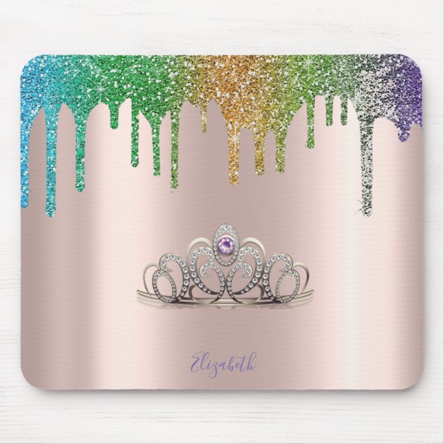Modern Tiara Glitter Drips Rose Gold Mouse Pad (Front)