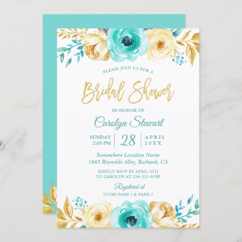 Modern Tiffany Gold Botanical Floral Bridal Shower Invitation