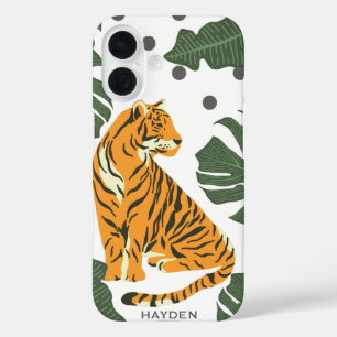 Modern Tiger and Jungle Leaves Art Personalised iPhone 16 Case