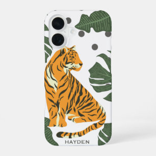 Modern Tiger and Jungle Leaves Art Personalised iPhone 16 Case