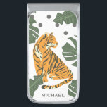 Modern Tiger and Jungle Leaves Art Personalised Silver Finish Money Clip<br><div class="desc">Modern Tiger and minimalist jungle art with dots. Optional personalisation.</div>