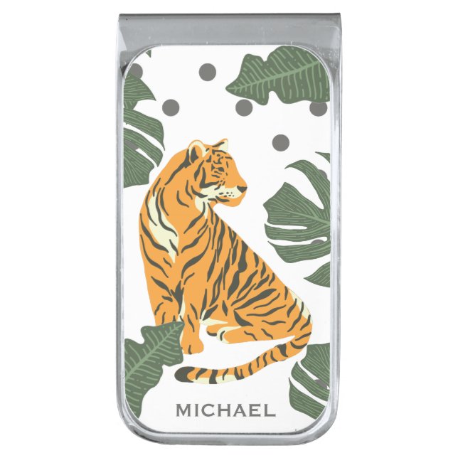 Modern Tiger and Jungle Leaves Art Personalised Silver Finish Money Clip (Front Vertical)