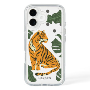 Modern Tiger and Jungle Leaves Art Personalised iPhone 16 Case