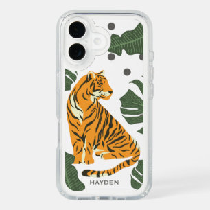 Modern Tiger and Jungle Leaves Art Personalised iPhone 16 Case