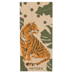 Modern Tiger and Jungle Leaves Art Wood Flash Drive