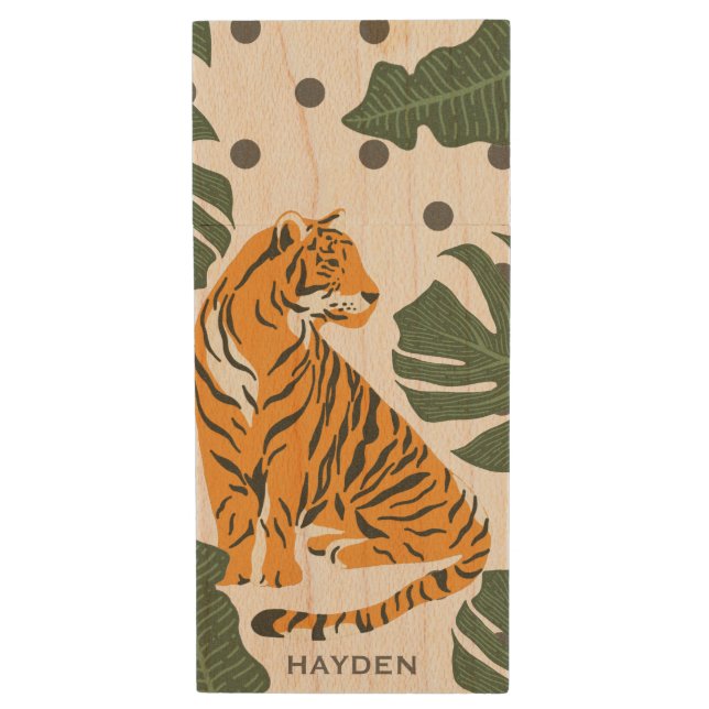 Modern Tiger and Jungle Leaves Art Wood Flash Drive (Front Vertical)