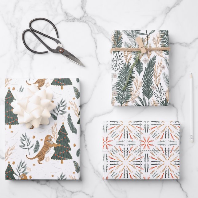 Modern Tiger Leaves Holiday Wrapping Paper Sheets (Front)