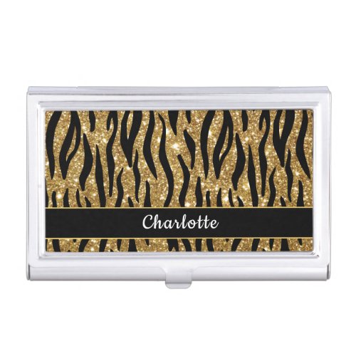 Modern Tiger Stripe Gold Glitter Business Card Case