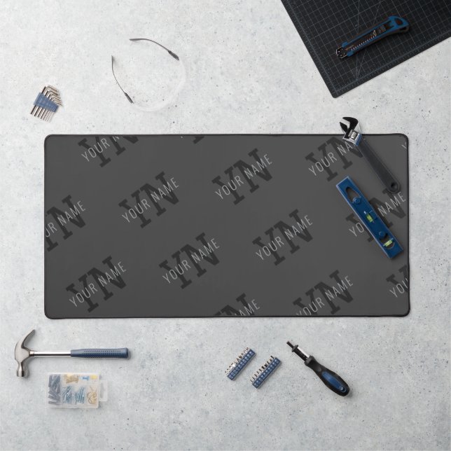 Modern Tiled Dark Gray Monogrammed Name/other Text Desk Mat (Workstation)
