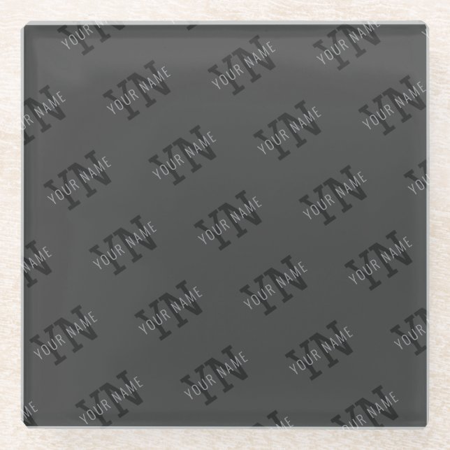 Modern Tiled Dark Gray Monogrammed Name/other Text Glass Coaster (Front)