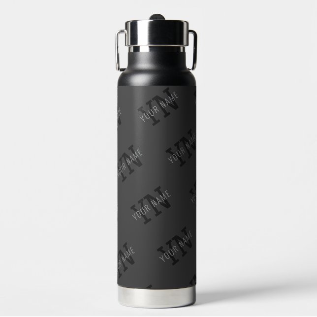 Modern Tiled Dark Gray Monogrammed Name/other Text Water Bottle (Front)