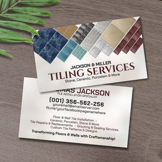 Modern Tiling Services Black Marble Tile Collage Business Card (Creator Uploaded)