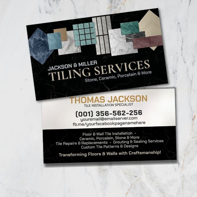 Modern Tiling Services Black Marble Tile Collage Business Card (Creator Uploaded)