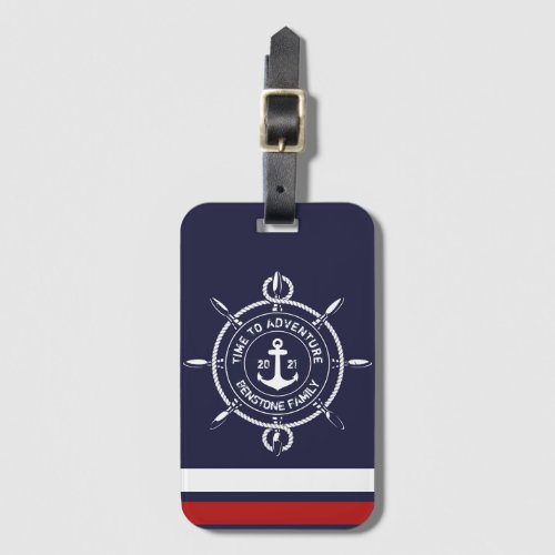 Modern TIME TO ADVENTURE Navy Blue Red Nautical Luggage Tag