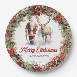Modern timeless watercolor Santa Claus reindeer Paper Plates