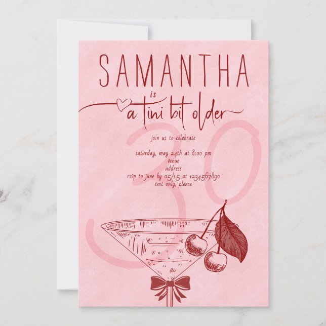 Modern Tini Bit Older Bow Cherry Martini Birthday Invitation (Front)