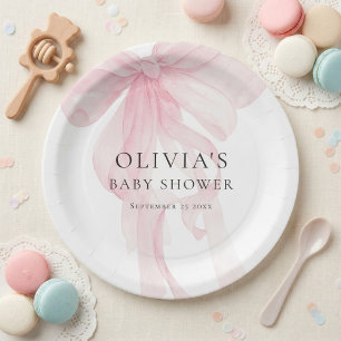 Modern Tinted Pink Bow Baby Shower Paper Plates