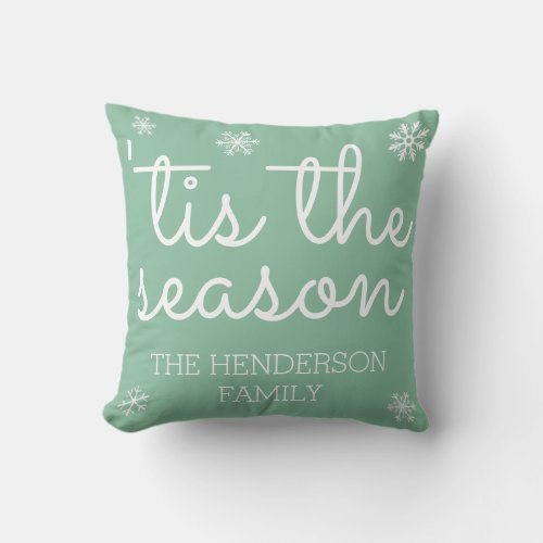 Modern Tis the Season Christmas Family Name Custom Throw Pillow