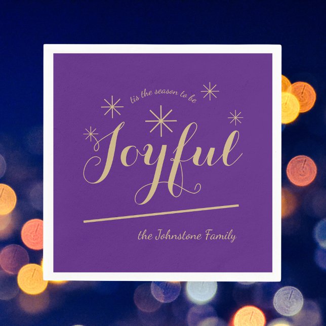 Modern tis the Season to be Joyful Name Chic Paper Napkins (Add some Joyful purple spice to your holiday festivities with these elegant paper napkins.)