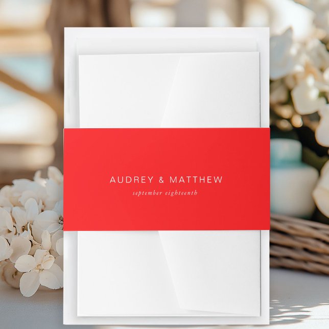 Modern tomato-red invitation belly band (Modern tomato-red invitation belly band with your name and date.)