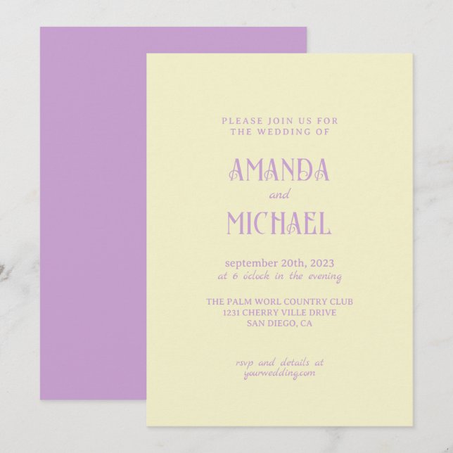 Modern Tonal Yellow Lavender wedding Invitation (Front/Back)