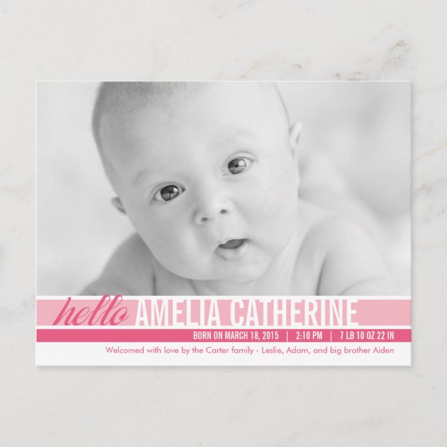 Modern Tones Birth Announcement - Pink Postcard (Front)