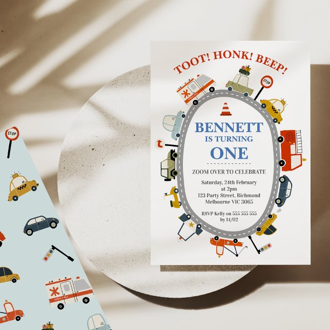 Modern Toot Honk Beep Cars Transport 1st Birthday Invitation (Cute and colorful transport 1st birthday invitation featuring various vehicles on a circular road. )